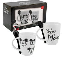 Cargar imagen en el visor de la galería, Juego de 2 Tazas Porcelana con Cuchara, Diseño Mickey Mouse en Arte Sketch, Capacidad 310 ML con Caja de Regalo