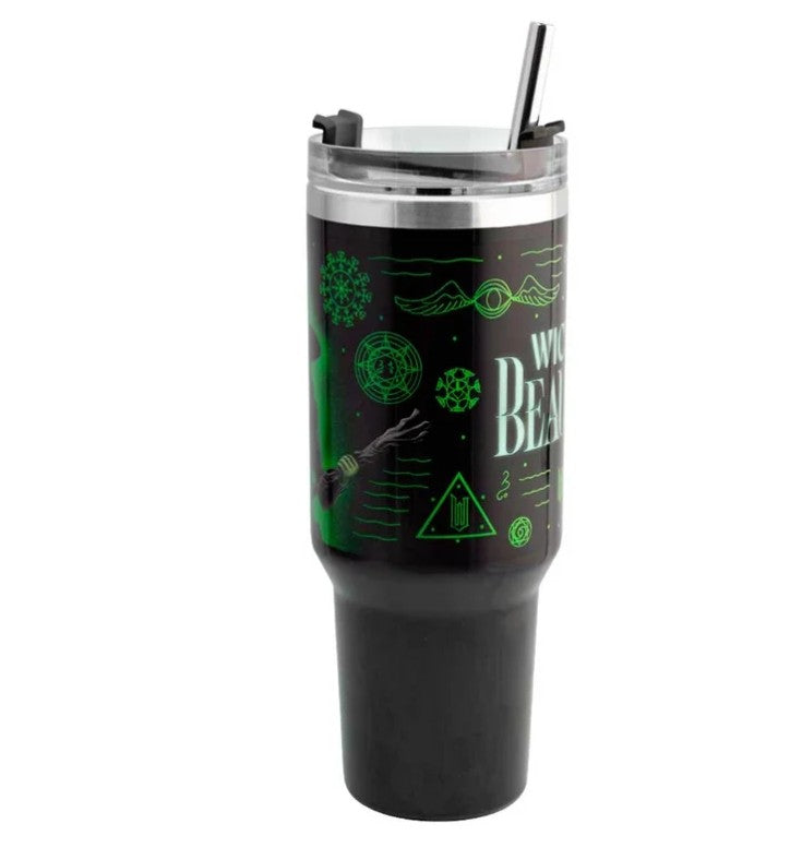 Wicked Termo Alto Doble Pared Con Asa Y Popote Elphaba, Capacidad 1.2 L Acero Inoxidable