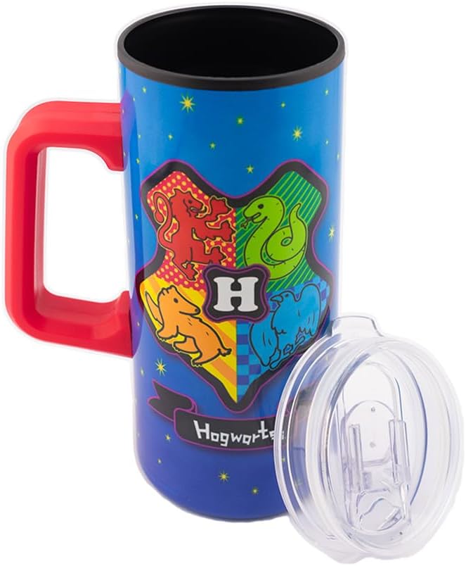 Harry Potter Termo Doble Pared Con Asa, Colección Warner Bros, Diseño Escudo Hogwarts Estilo Chibi “Hogwarts is My Home”, Termo con Tapa Transparente, Capacidad 550 mililitros