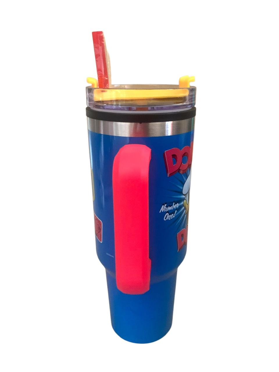 Pato Donald Termo Alto Doble Pared Con Asa Y Popote, 90 Aniversario, Capacidad 1.2 L