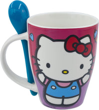 Cargar imagen en el visor de la galería, Juego De 2 Tazas Hello Kitty & Amigos De Porcelana Con Cuchara, Colección Sanrio, Hello Kitty & Friends, My Melody Kuromi Keroppi Badtz-Maru Pochacco Pompompurin Tazas para Bebidas Calientes, Color Azul y Rosa, Capacidad 310 ml con Caja de Regalo