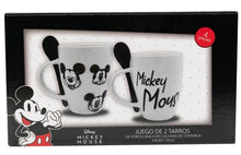 Cargar imagen en el visor de la galería, Juego de 2 Tazas Porcelana con Cuchara, Diseño Mickey Mouse en Arte Sketch, Capacidad 310 ML con Caja de Regalo