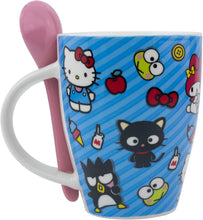 Cargar imagen en el visor de la galería, Juego De 2 Tazas Hello Kitty & Amigos De Porcelana Con Cuchara, Colección Sanrio, Hello Kitty & Friends, My Melody Kuromi Keroppi Badtz-Maru Pochacco Pompompurin Tazas para Bebidas Calientes, Color Azul y Rosa, Capacidad 310 ml con Caja de Regalo