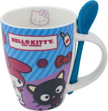 Cargar imagen en el visor de la galería, Juego De 2 Tazas Hello Kitty & Amigos De Porcelana Con Cuchara, Colección Sanrio, Hello Kitty & Friends, My Melody Kuromi Keroppi Badtz-Maru Pochacco Pompompurin Tazas para Bebidas Calientes, Color Azul y Rosa, Capacidad 310 ml con Caja de Regalo