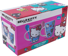 Cargar imagen en el visor de la galería, Juego De 2 Tazas Hello Kitty & Amigos De Porcelana Con Cuchara, Colección Sanrio, Hello Kitty & Friends, My Melody Kuromi Keroppi Badtz-Maru Pochacco Pompompurin Tazas para Bebidas Calientes, Color Azul y Rosa, Capacidad 310 ml con Caja de Regalo