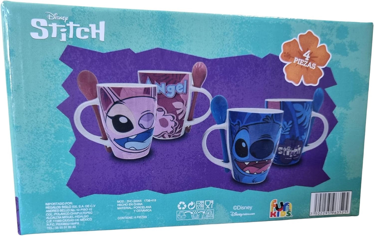 Stitch Juego De 2 Tazas De Porcelana Con Cuchara, Colección Disney Clásicos, Diseño Stitch & Angel, Tazas para Bebidas Calientes, Color Azul y Morado, Capacidad 310 ml con Caja de Regalo