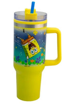 Cargar imagen en el visor de la galería, Bob Esponja Termo Alto Doble Pared Con Asa Y Popote Patricio Color Amarillo Capacidad 1. 2 L