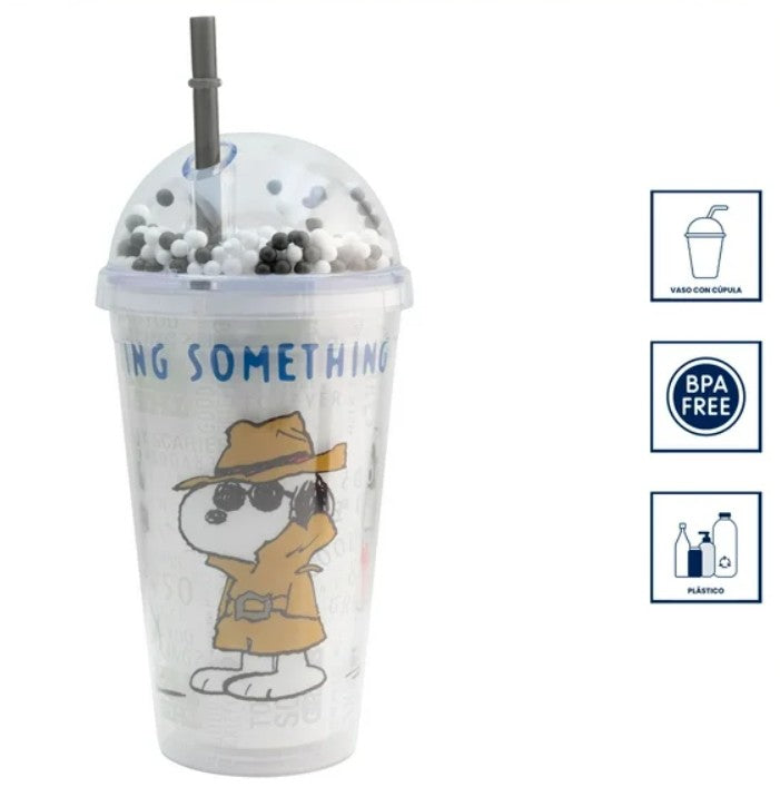Snoopy Vaso De Plástico Doble Pared Con Tapa Domo Y Popote Peanuts 75 Aniversario con Bolitas de Colores Capacidad 480 Ml