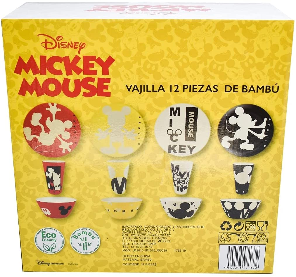 Mickey Mouse Vajilla Ecologica De Bambú Disney Colección 12 Piezas Para 4 personas