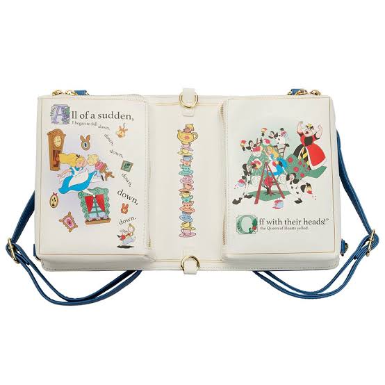 Loungefly Alicia en el País de las maravillas Crossbody / Mini Back Pack Libro convertible reversible
