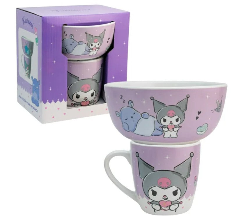 Kuromi Set Desayuno Individual, Taza & Tazon Vajilla Porcelana 2 Piezas, Sanrio con Caja de Regalo