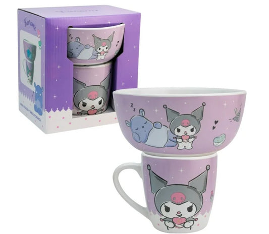 Kuromi Set Desayuno Individual, Taza & Tazon Vajilla Porcelana 2 Piezas, Sanrio con Caja de Regalo