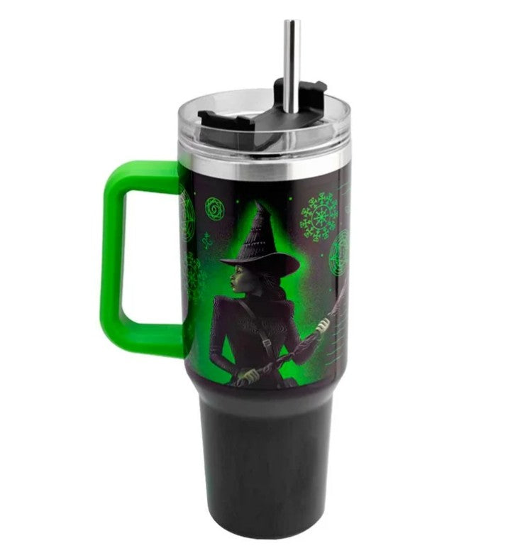 Wicked Termo Alto Doble Pared Con Asa Y Popote Elphaba, Capacidad 1.2 L Acero Inoxidable
