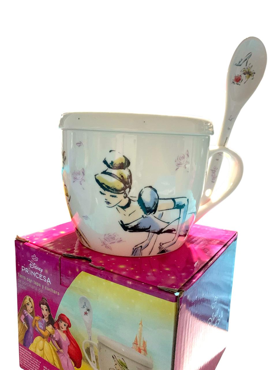 Princesas Disney Taza de Porcelana con Tapa, Cuchara y Caja de Regalo 580 ml Cenicienta, Raspunzel y Bella Tarro