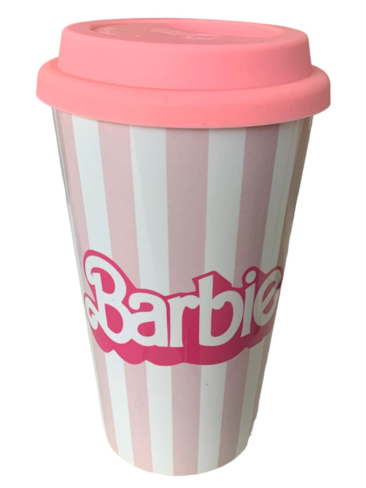 Vaso Barbie Ceramica Cafetero con Tapa de silicon Reutilizable 16 onzas