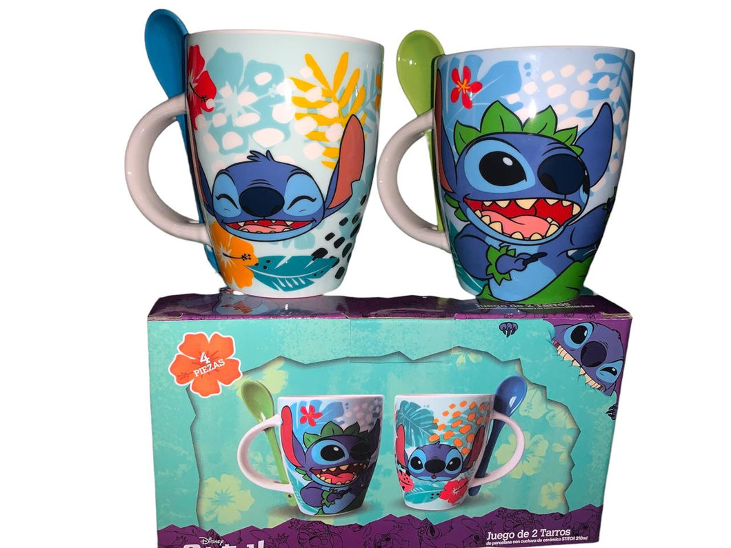 Stitch Juego de 2 Tazas de Pareja con cucharas Ohana Disney Lilo & Stitch Tarros de Ceramica capacidad 310 ml