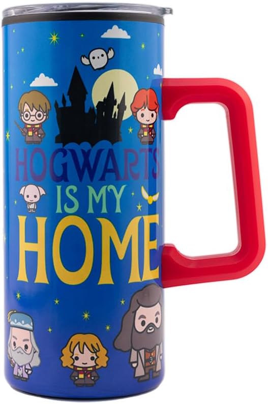 Harry Potter Termo Doble Pared Con Asa, Colección Warner Bros, Diseño Escudo Hogwarts Estilo Chibi “Hogwarts is My Home”, Termo con Tapa Transparente, Capacidad 550 mililitros