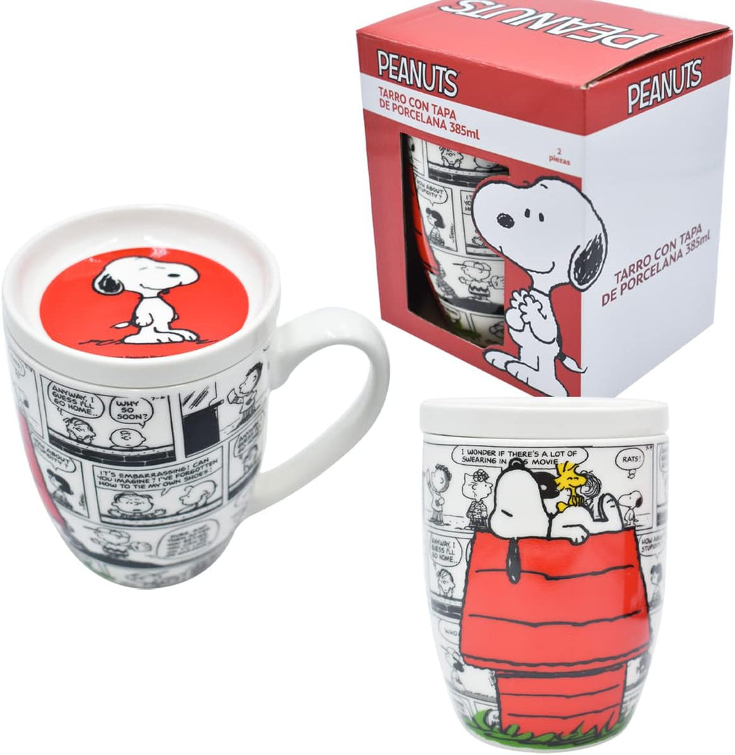 Snoopy Taza para Café de Porcelana con Tapa Protectora Peanuts Tarro para Bebidas Calientes 354 mililitros con Caja de Regalo