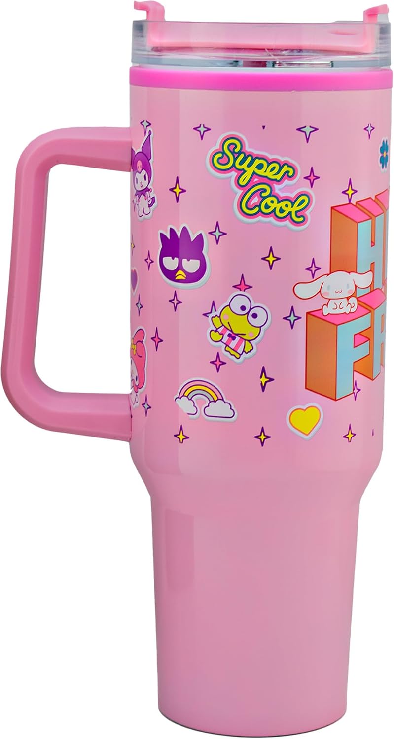 Hello Kitty Termo Grande Acero Inoxidable, Vaso Térmico con Tapa y Popote Plástico para Bebidas Frías y Calientes Hello Kitty & Friends Sanrio, 1.2 Litros