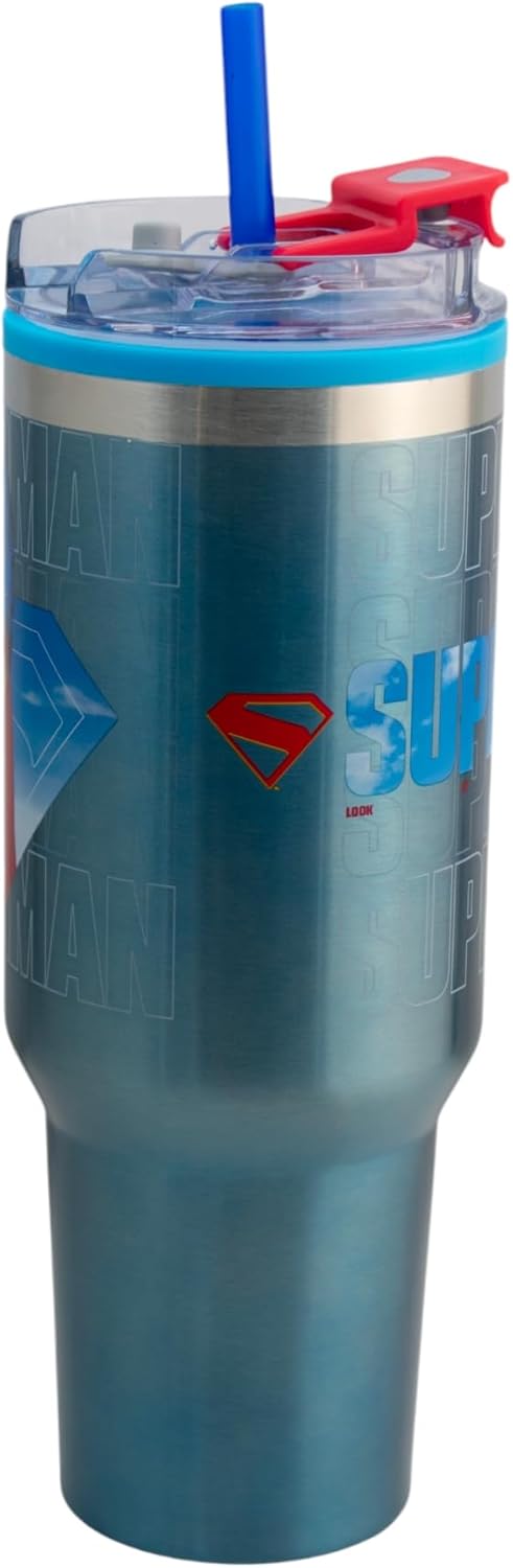 Superman Termo doble pared tapa hermetica doble forma de beber, popote y boquilla,1.2L.