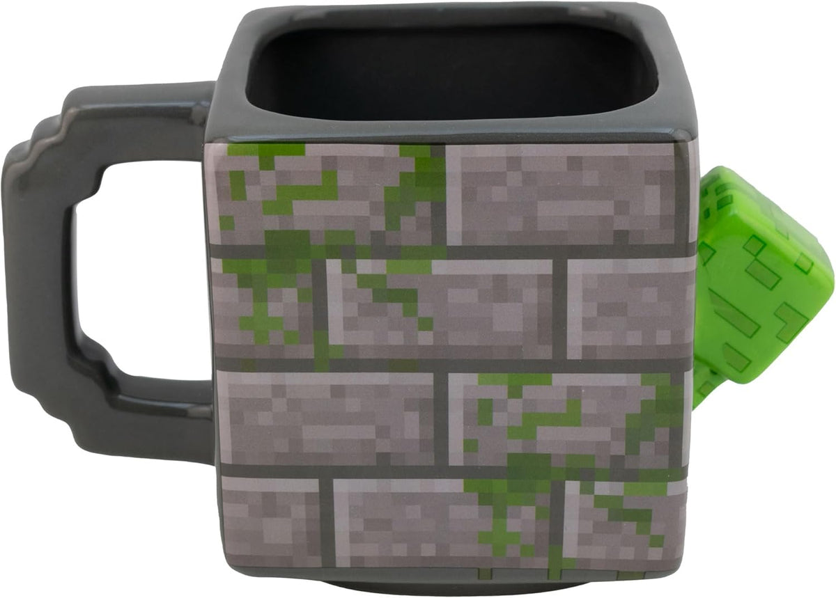 Taza Grande Cuadrada Cerámica en 3D, Minecraft, Mojang Studios, Diseño Bloque Creeper, Tarro para Bebidas Calientes con Asa, Taza para Gamers, Capacidad 620 ml