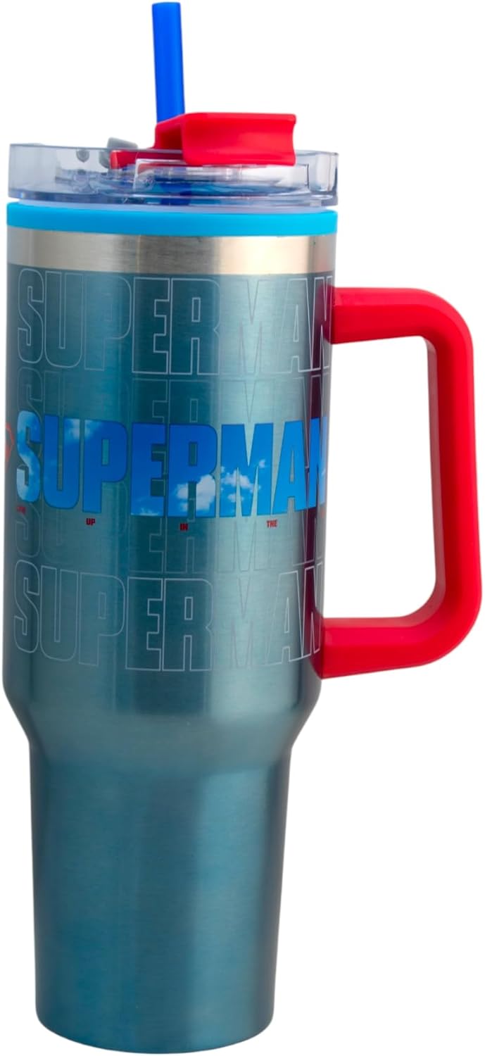 Superman Termo doble pared tapa hermetica doble forma de beber, popote y boquilla,1.2L.