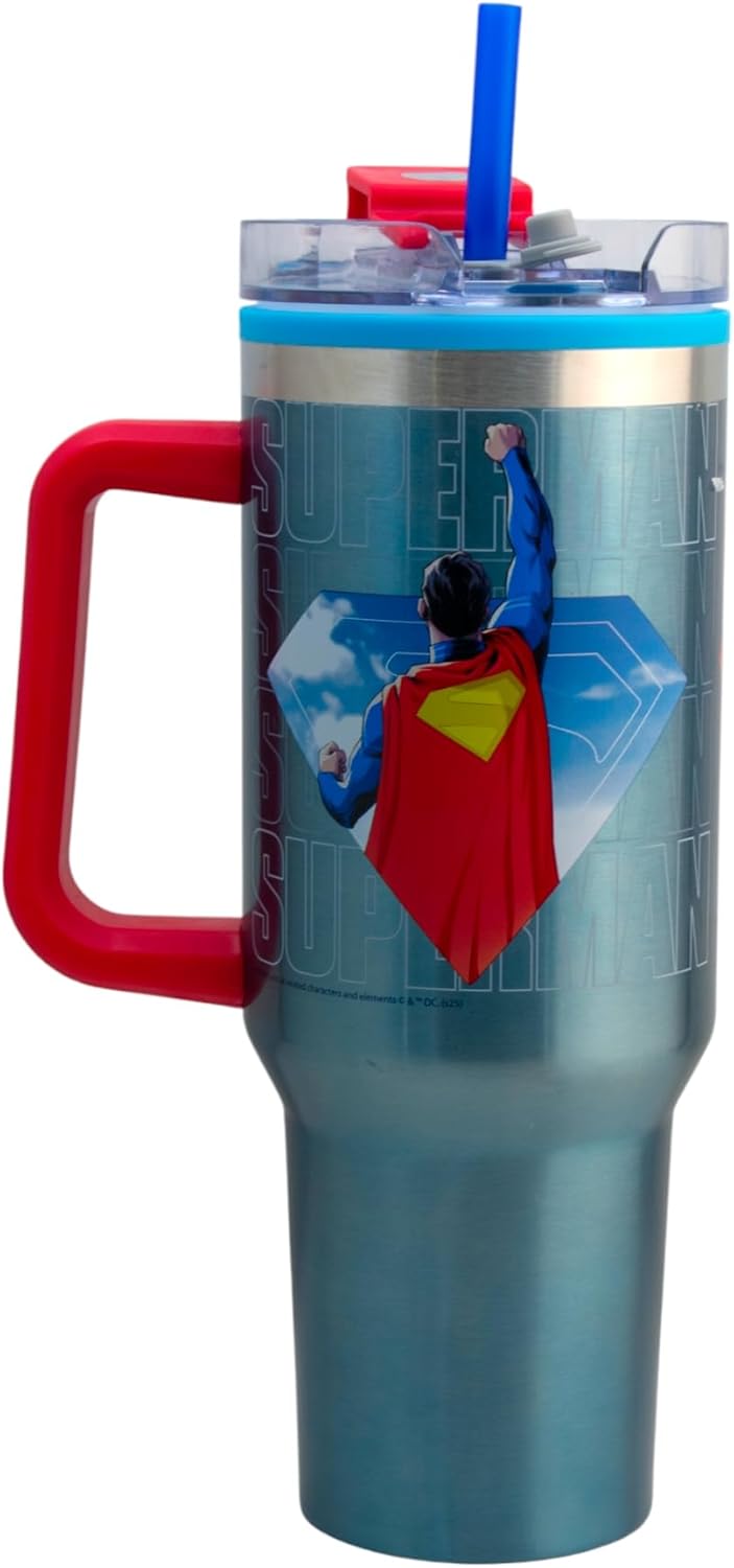 Superman Termo doble pared tapa hermetica doble forma de beber, popote y boquilla,1.2L.
