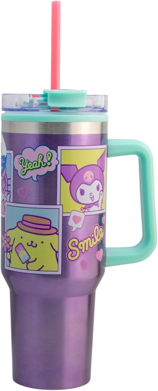 Hello Kitty & Friends Termo Alto Doble Pared Con Asa Y Popote Kuromi, My Melodí, Pompompurin, Cinamonroll Capacidad 1. 2 L