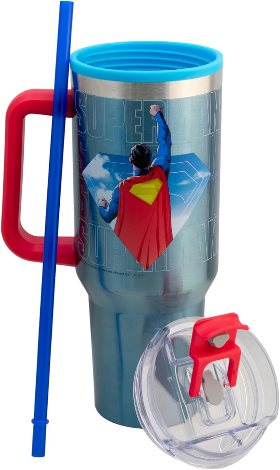 Superman Termo doble pared tapa hermetica doble forma de beber, popote y boquilla,1.2L.