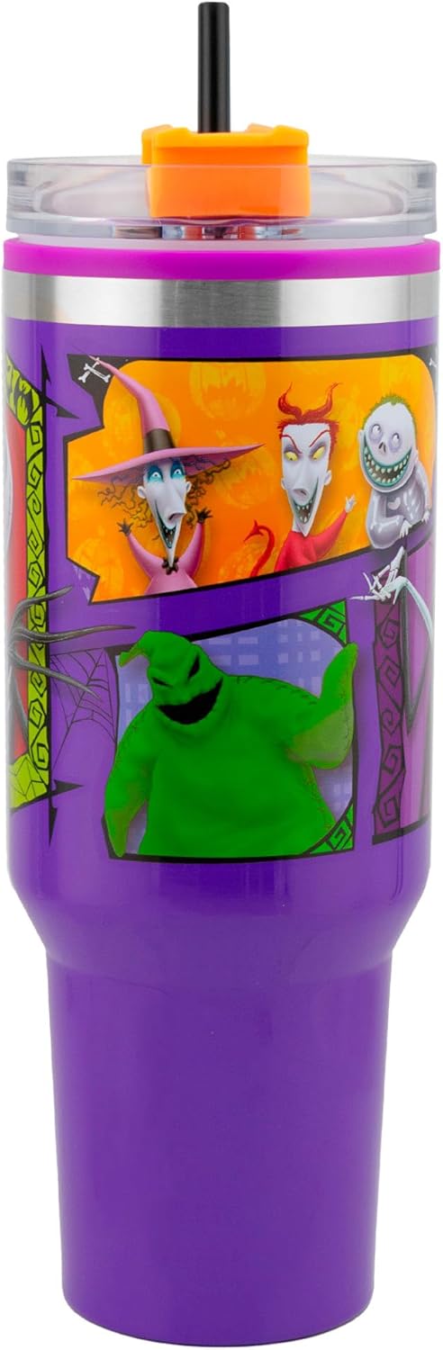 Jack Skellington Termo El Extraño Mundo de Jack Grande Acero Inoxidable Vaso Térmico con Tapa y Popote de Plástico para Bebidas Frías y Calientes The Nightmare before christmas Capacidad 1.2 Litros