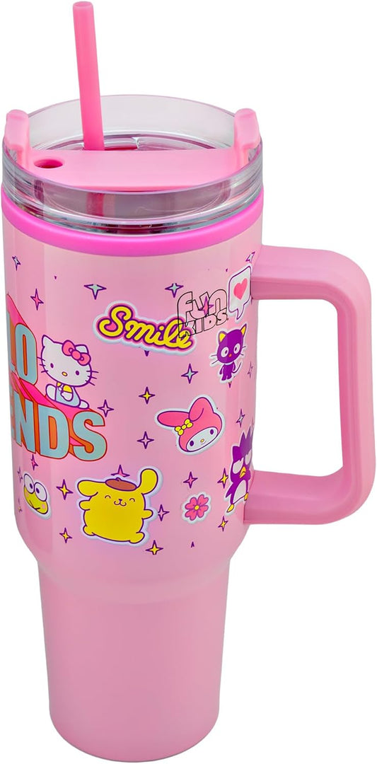 Hello Kitty Termo Grande Acero Inoxidable, Vaso Térmico con Tapa y Popote Plástico para Bebidas Frías y Calientes Hello Kitty & Friends Sanrio, 1.2 Litros