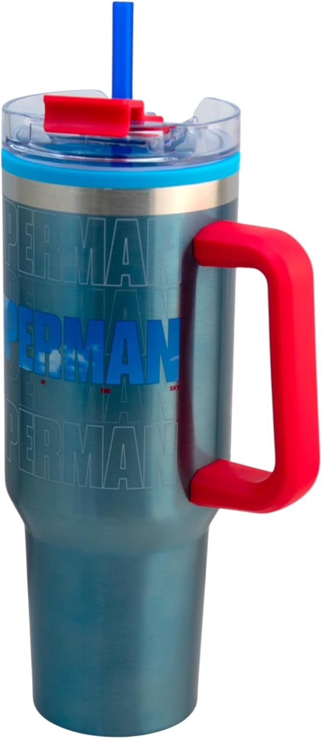 Superman Termo doble pared tapa hermetica doble forma de beber, popote y boquilla,1.2L.