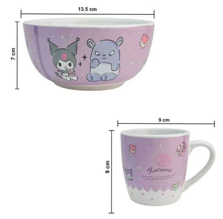 Kuromi Set Desayuno Individual, Taza & Tazon Vajilla Porcelana 2 Piezas, Sanrio con Caja de Regalo
