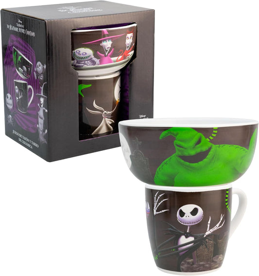 Jack Skellington Set Desayuno Taza & Tazon Individual Vajilla Porcelana 2 Piezas con Caja de Regalo