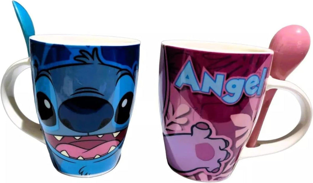 Stitch Juego De 2 Tazas De Porcelana Con Cuchara, Colección Disney Clásicos, Diseño Stitch & Angel, Tazas para Bebidas Calientes, Color Azul y Morado, Capacidad 310 ml con Caja de Regalo
