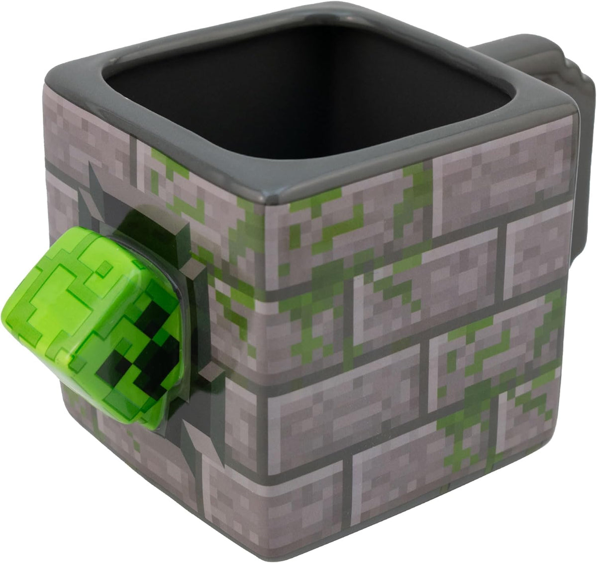 Taza Grande Cuadrada Cerámica en 3D, Minecraft, Mojang Studios, Diseño Bloque Creeper, Tarro para Bebidas Calientes con Asa, Taza para Gamers, Capacidad 620 ml
