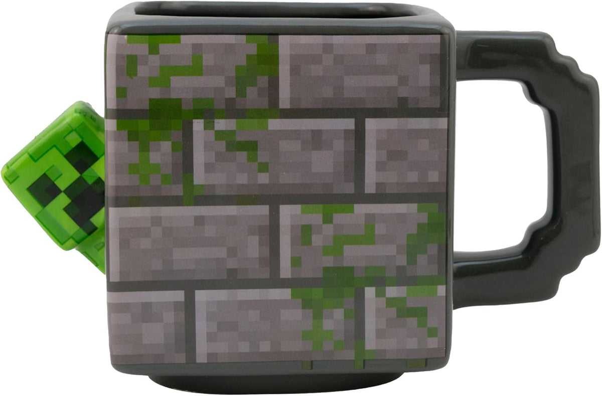 Taza Grande Cuadrada Cerámica en 3D, Minecraft, Mojang Studios, Diseño Bloque Creeper, Tarro para Bebidas Calientes con Asa, Taza para Gamers, Capacidad 620 ml