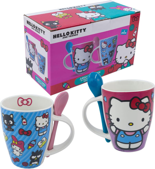 Juego De 2 Tazas Hello Kitty & Amigos De Porcelana Con Cuchara, Colección Sanrio, Hello Kitty & Friends, My Melody Kuromi Keroppi Badtz-Maru Pochacco Pompompurin Tazas para Bebidas Calientes, Color Azul y Rosa, Capacidad 310 ml con Caja de Regalo