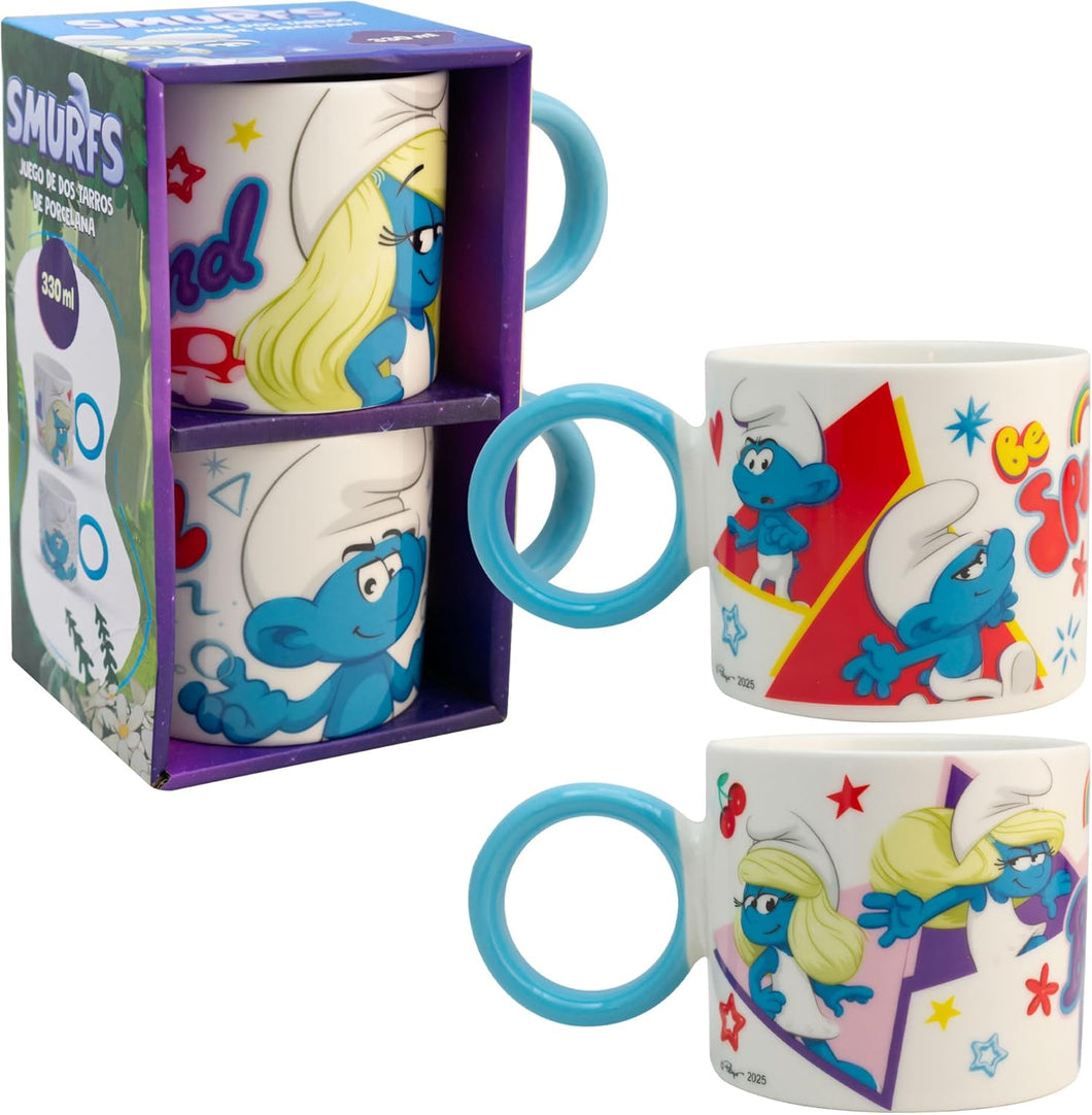 Los PItufos  Set de 2 Tazas de Porcelana Apilables 330 ml – Tarros con Asa Azul Smurfs