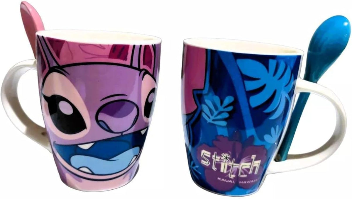 Stitch Juego De 2 Tazas De Porcelana Con Cuchara, Colección Disney Clásicos, Diseño Stitch & Angel, Tazas para Bebidas Calientes, Color Azul y Morado, Capacidad 310 ml con Caja de Regalo