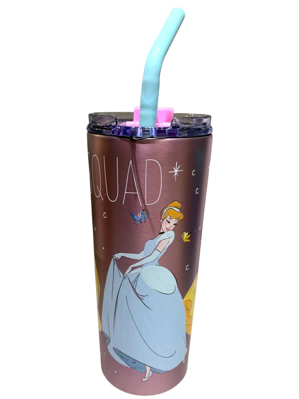 Princesas Disney Vaso Termo doble Pared Acero Inoxidable con tapa y Popote Cenicienta Bella Rapunzel