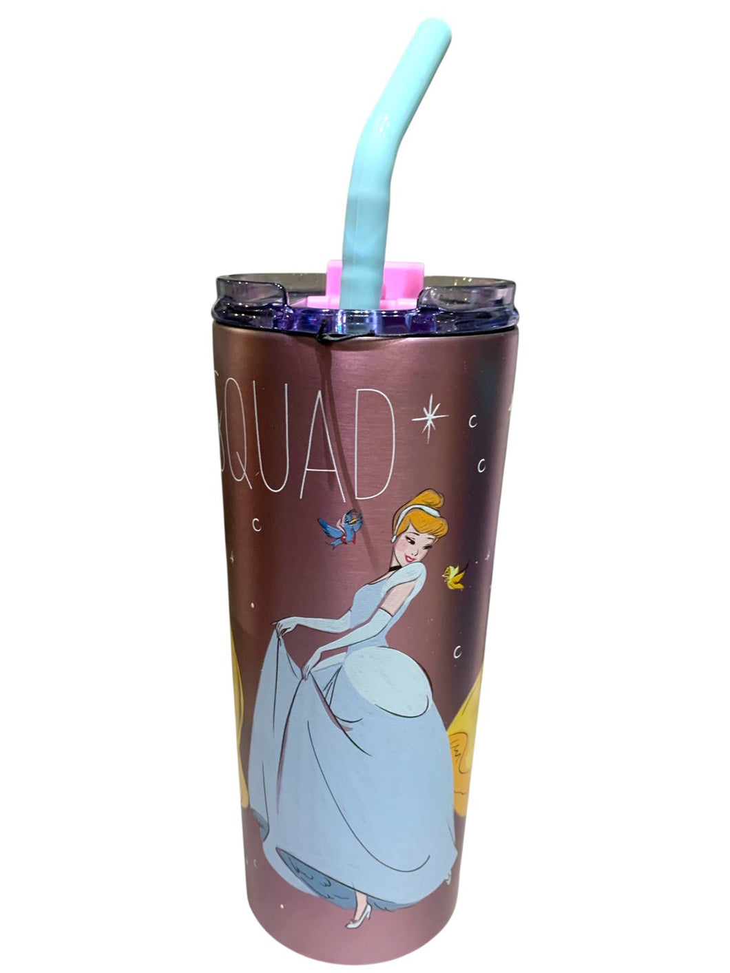 Princesas Disney Vaso Termo doble Pared Acero Inoxidable con tapa y Popote Cenicienta Bella Rapunzel