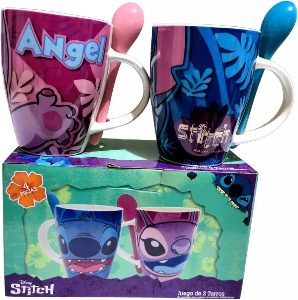 Stitch Juego De 2 Tazas De Porcelana Con Cuchara, Colección Disney Clásicos, Diseño Stitch & Angel, Tazas para Bebidas Calientes, Color Azul y Morado, Capacidad 310 ml con Caja de Regalo