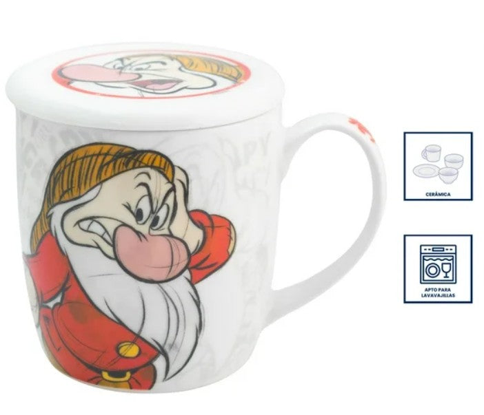 Gruñon Taza con tapa de Cermica Grumpy Blanca Nieves Capacidad 385ml con Caja de Regalo