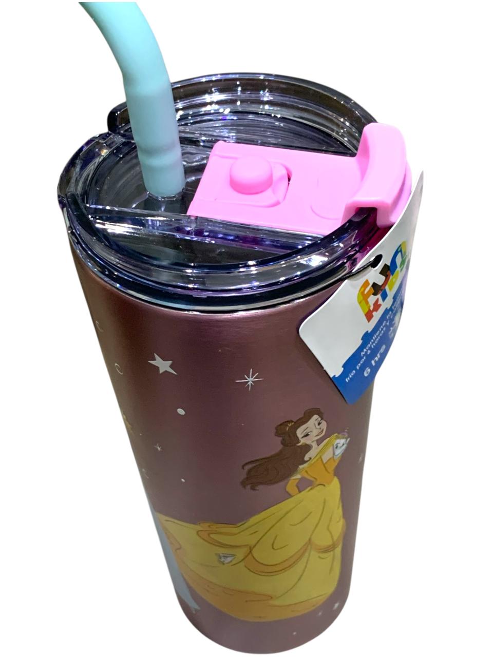 Princesas Disney Vaso Termo doble Pared Acero Inoxidable con tapa y Popote Cenicienta Bella Rapunzel