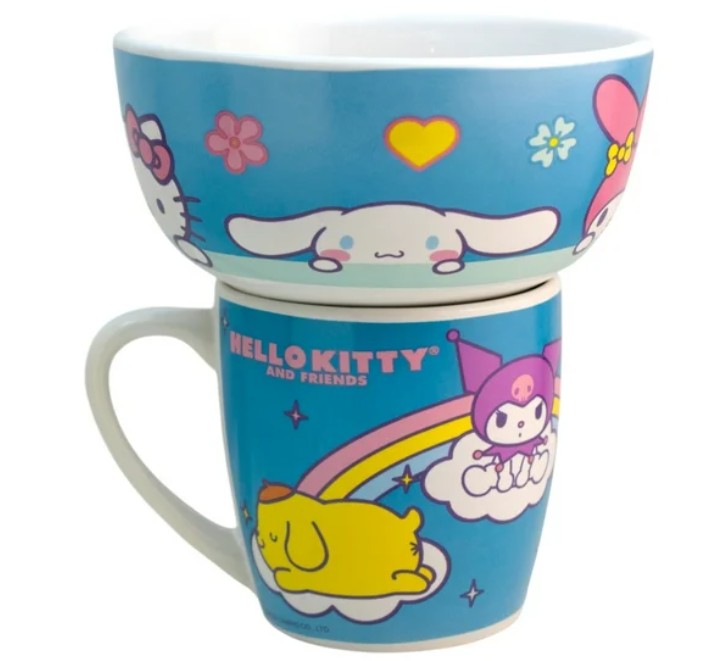 Hello Kitty & Friends Set Desayuno Taza & Tazon Individual, Porcelana 2 Piezas, My melody, Kuromi, Cinamon Roll