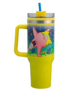 Bob Esponja Termo Alto Doble Pared Con Asa Y Popote Patricio Color Amarillo Capacidad 1. 2 L
