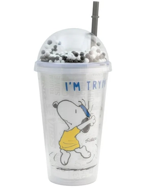 Snoopy Vaso De Plástico Doble Pared Con Tapa Domo Y Popote Peanuts 75 Aniversario  con Bolitas de Colores Capacidad 480 Ml