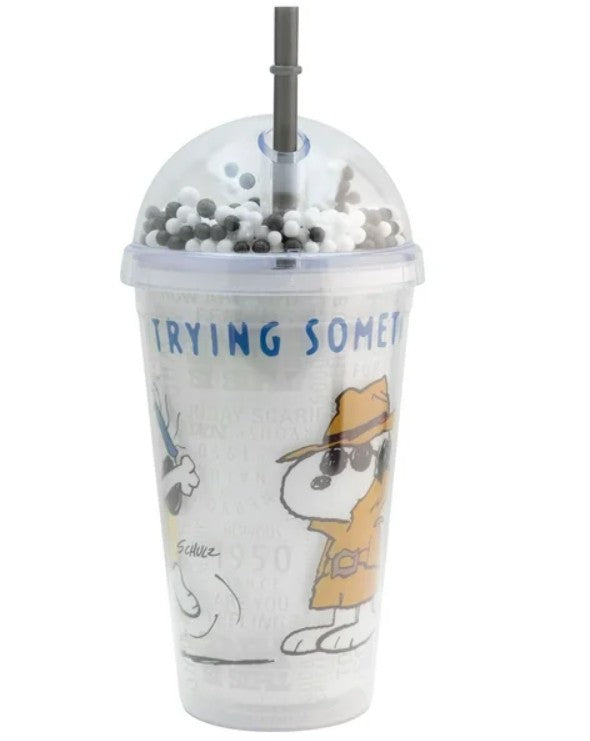 Snoopy Vaso De Plástico Doble Pared Con Tapa Domo Y Popote Peanuts 75 Aniversario  con Bolitas de Colores Capacidad 480 Ml
