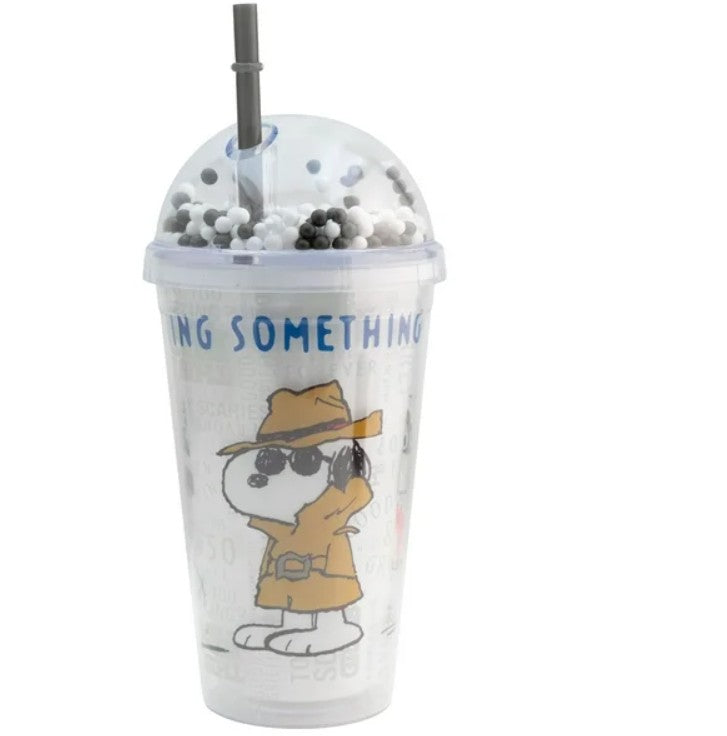 Snoopy Vaso De Plástico Doble Pared Con Tapa Domo Y Popote Peanuts 75 Aniversario  con Bolitas de Colores Capacidad 480 Ml